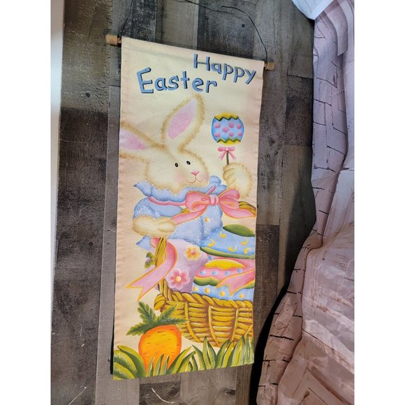 Happy Easter bunny carrot wall scroll decor basket eggs - Picture 1 of 5